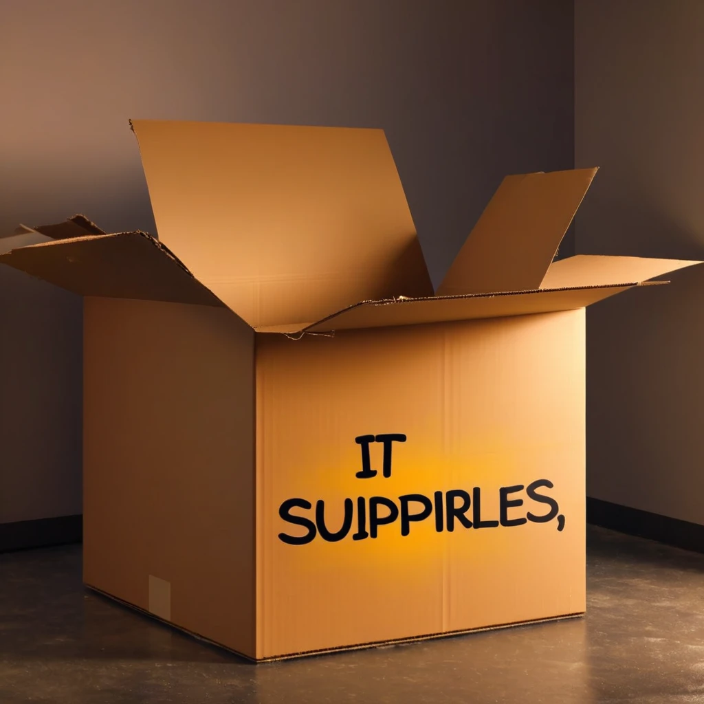 dirty empty beat up damaged cardboard box that says "IT Supplies". Dark office environment