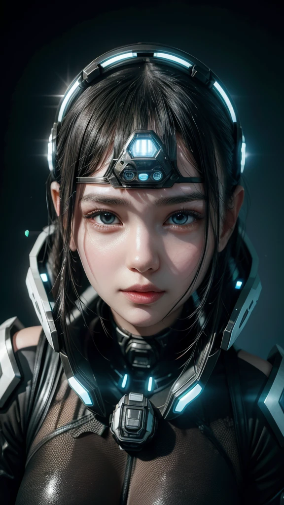A captivating cinematic illustration of a woman's face, adorned with intricate futuristic sci-fi gear. The centerpiece is a robotic, metal tech-advanced mask with an array of LED lights, giving off a vibrant glow. Her eyes are covered by sleek visors, while her lips are framed by a metallic, geometric design. The rest of her face is covered in a mesh of metallic and organic materials, creating a striking contrast. The overall atmosphere of the image is mysterious and powerful, with a touch of cyberpunk aesthetic., illustration, cinematic