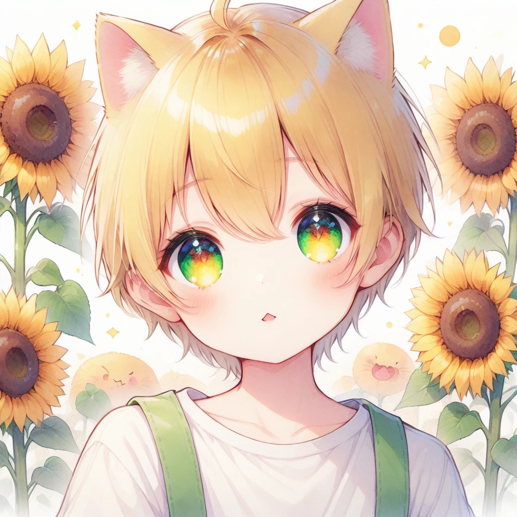 Yellow Hair,Yellow-green eyes,Cat ear,sunflower,mash,boy
