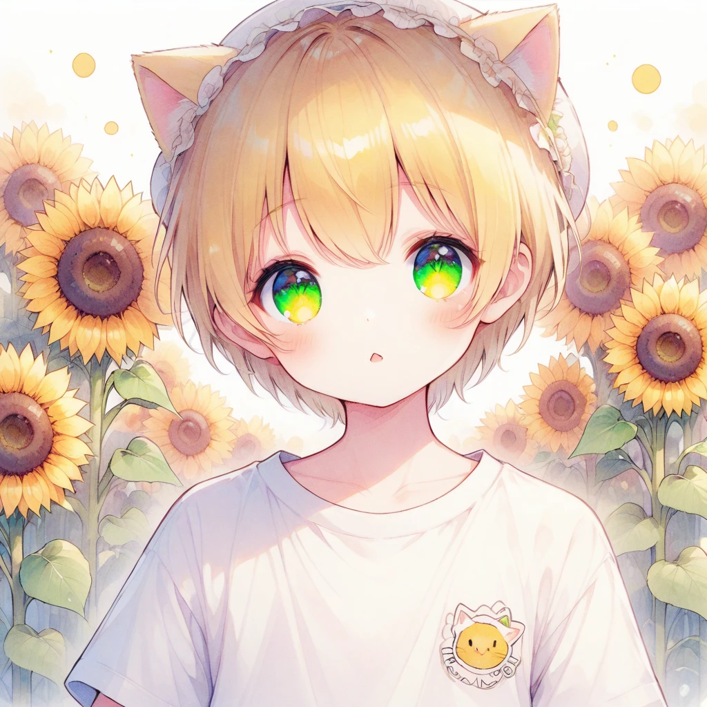 Yellow Hair,Yellow-green eyes,Cat ear,sunflower,mash,boy