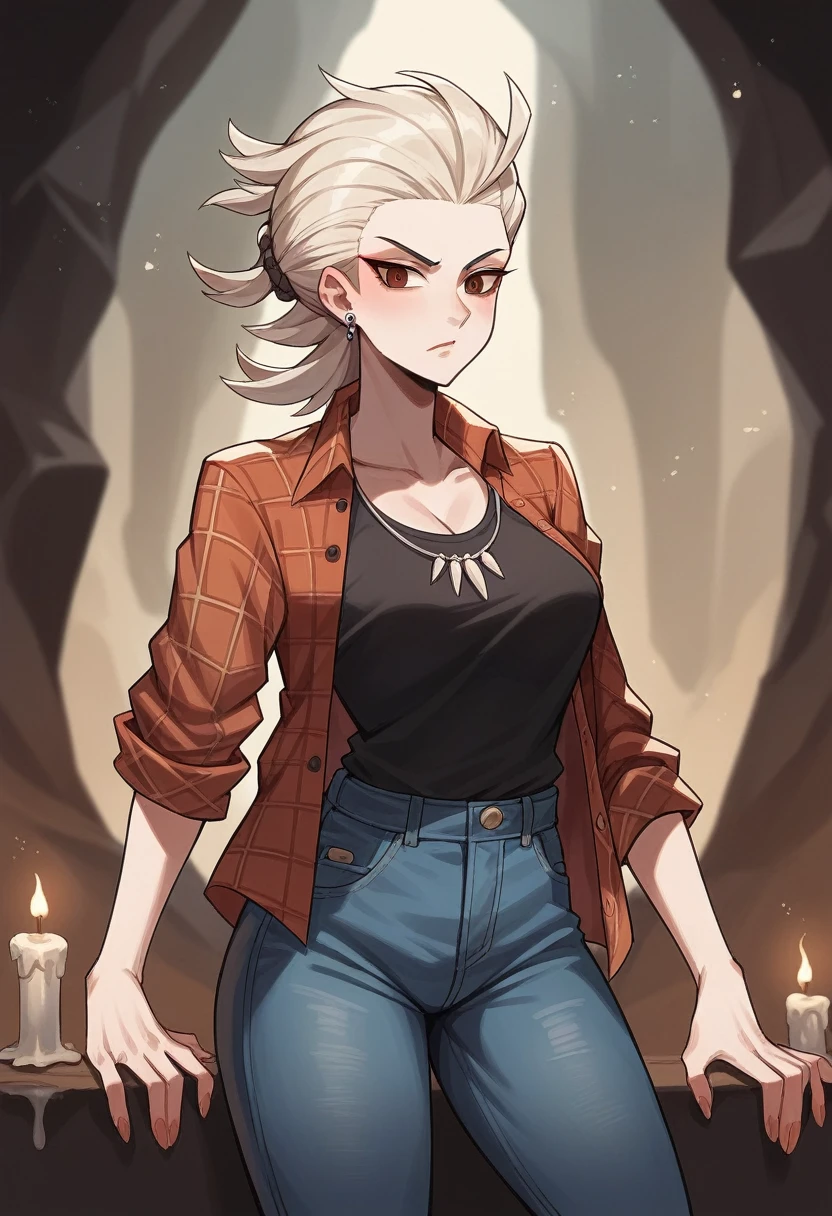 photograph of a woman, (disturbed facial expression), texturized skin, shiver, afro blonde hair, plaid flannel shirt with distressed boyfriend jeans, cowboy shot, dark and mysterious cave with unique rock formations and hidden wonders, perfects eyes, (candle light,Bright dark), Support 160 colors, Shot on ARRI ALEXA 65, bokeh, sharp focus on the subject, filmed by Don McCullin