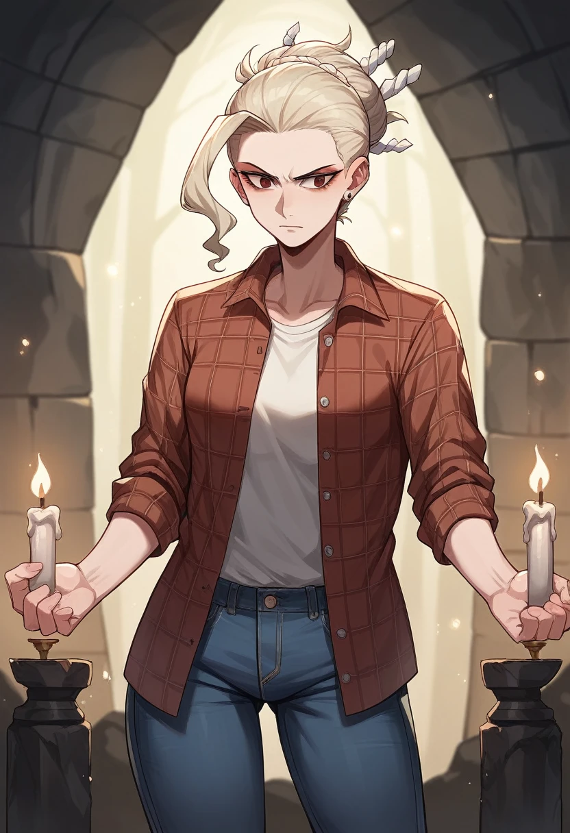 photograph of a woman, (disturbed facial expression), texturized skin, shiver, afro blonde hair, plaid flannel shirt with distressed boyfriend jeans, cowboy shot, dark and mysterious cave with unique rock formations and hidden wonders, perfects eyes, (candle light,Bright dark), Support 160 colors, Shot on ARRI ALEXA 65, bokeh, sharp focus on the subject, filmed by Don McCullin