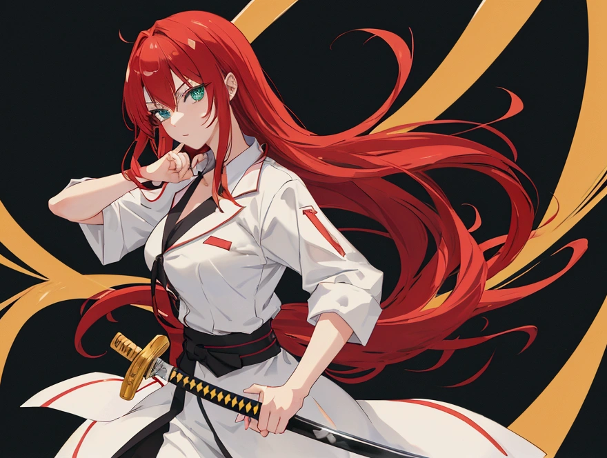 An anime girl in a secret organization outfit, wielding katana sword in his hand, your eyes are serious and doubtful, She is calm and showing indifference, gorgeous eyes, Red hair, greeneyes, good art, good drawing, 2D anime, 2d, action scene, 2 hands and 5 fingers on each hand, beautiful hands, good hands drawn, 4K, 8k,