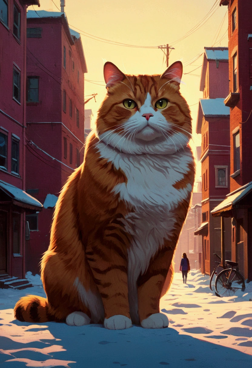 Giant fat Cat, full body, outdoor, by Dan Matutina, cinematic still, (best quality, masterpiece), very aesthetic, perfect composition, intricate details, ultra-detailed, vivid colors