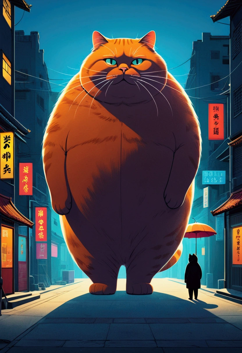 Giant fat Cat, full body, outdoor, by Dan Matutina, cinematic still, (best quality, masterpiece), very aesthetic, perfect composition, intricate details, ultra-detailed, vivid colors