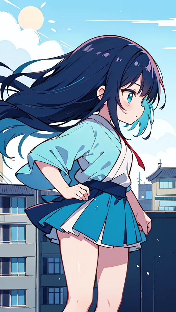 Blue-haired long hair,Design clothing,Seven-doppelganger shot,Anime style 4K,Anime girl with teal hair,High quality anime art style,Standing painting,Splash ink background,Blue Themes、Pure white background,Buildings,Face close-up,Buildings,Moon and sun、Shining Star々,milky way,Bright Sky,Looking at me,Facing forward,Clear eyes and nose,cute,beautiful,Thin legs,Black Hair,profile,Buildings in Tokyo