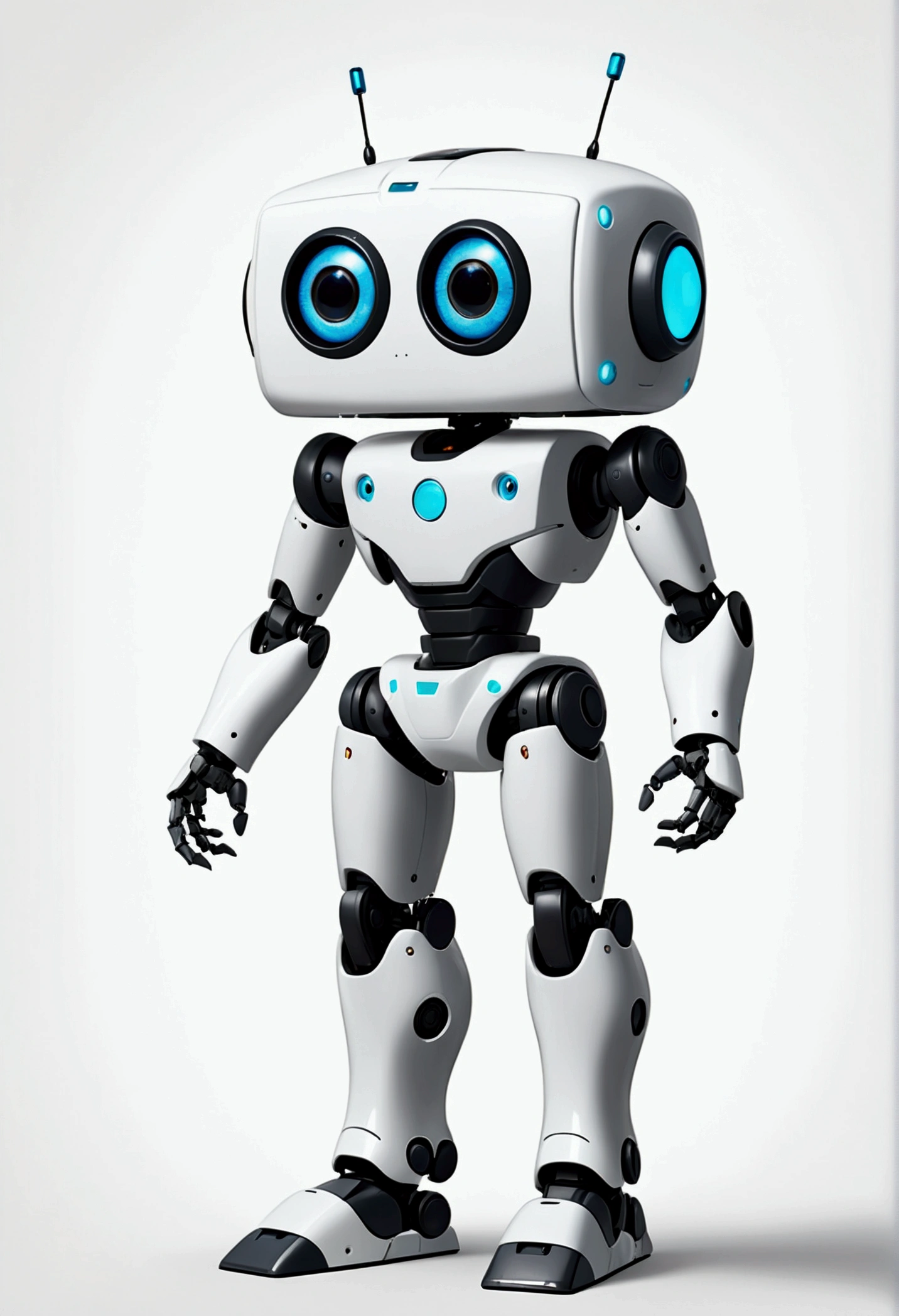 small tender robot like wally-e , short legs, reactangular rectangular head with eyes (front, side, back views of the same character) , white background