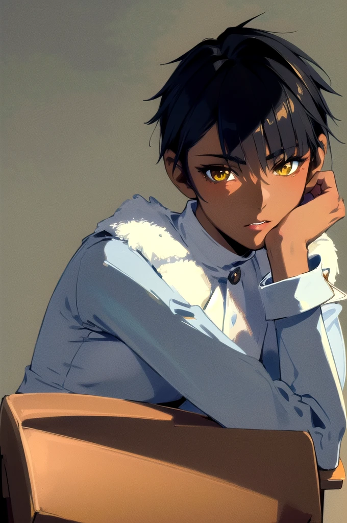 solo, best quality, masterpiece, extremely detailed CG, extremely detailed 8K wallpaper, extremely detailed character, (an extremely delicate and beautiful portrait), portrait, solo, sharp focus, dark skinned tomboy girl with (((sides shaved))) head, black hair, yellow eyes, detailed close-up portrait, head rest pose