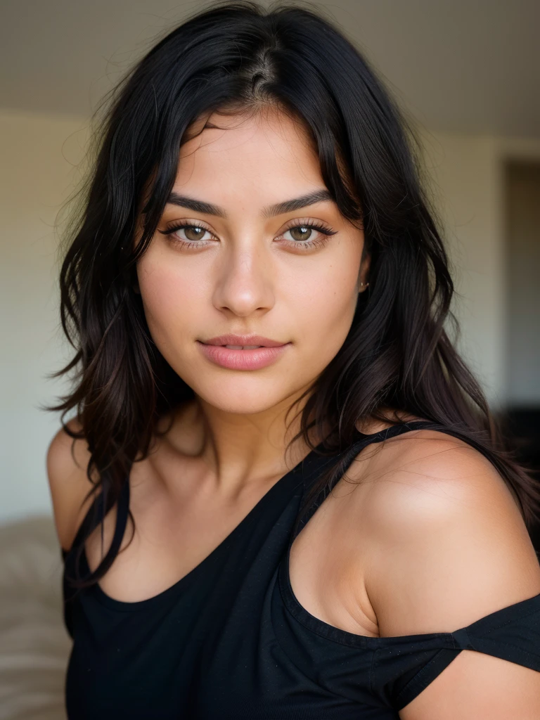 Beautiful curvy latina girl with straight black hair wearing a Black t-shirt, highly detailed, 22 years old, , , innocent face, natural wavy hair, brown eyes, high resolution, Masterpiece, Best quality, Intricate high detail, Highly detailed, Sharp focus, Detailed skin, realistic skin texture, texture, detailed eyes, professional, 4k, charming smile, shot on Canon, 35mm, deep depth of field, Kodak Vision Color, Perfect Fit Body , extremely detailed, photography_\(ultra\), Photorealistic, Realistic, Post-processing, maximum details, roughness, real life, ultra realistic, Photorealism, photography, 8k UHD, photography, busty
