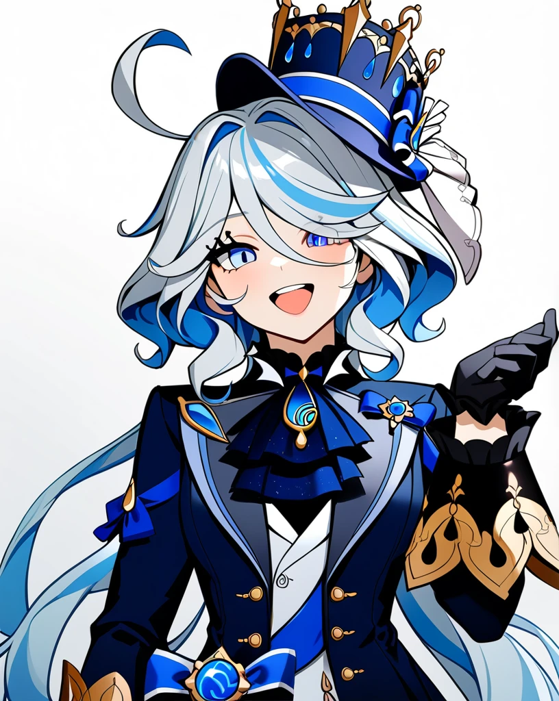 masterpiece,Highest quality,One girl, Furina \(Genshin Impact\), Genshin Impact, Whorl, Top Hat, Blue jacket, Blue Ascot, Blue Brooch, Coda, Simple Background, Open your mouth, Blue hat, Striped Hair, Upper teeth only, alone, Long Hair, Light blue hair, White Background, smile, Gray Hair, Ahoge, The gloves don't fit, White gloves, Long sleeve, Hair between the eyes, Blue Gem,