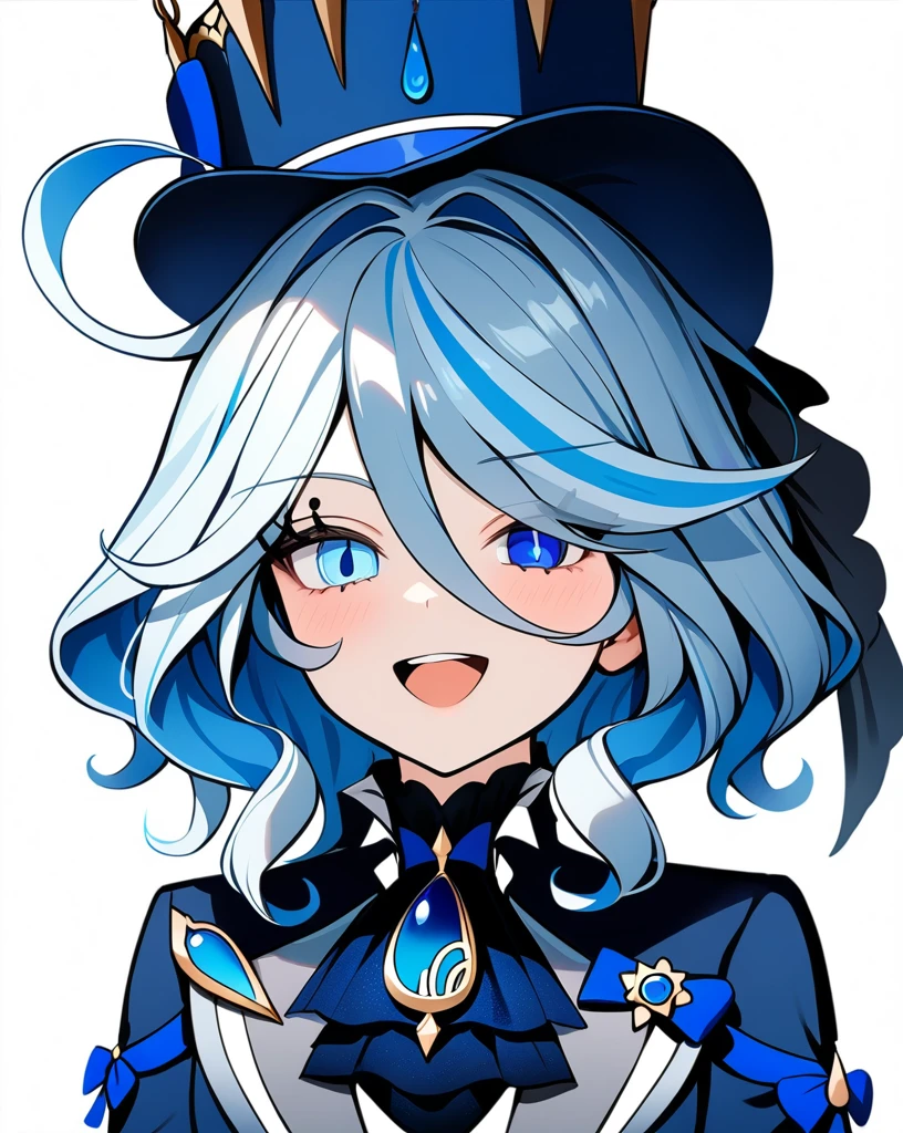 masterpiece,Highest quality,One girl, Furina \(Genshin Impact\), Genshin Impact, Whorl, Top Hat, Blue jacket, Blue Ascot, Blue Brooch, Coda, Simple Background, Open your mouth, Blue hat, Striped Hair, Upper teeth only, alone, Long Hair, Light blue hair, White Background, smile, Gray Hair, Ahoge, The gloves don't fit, White gloves, Long sleeve, Hair between the eyes, Blue Gem,