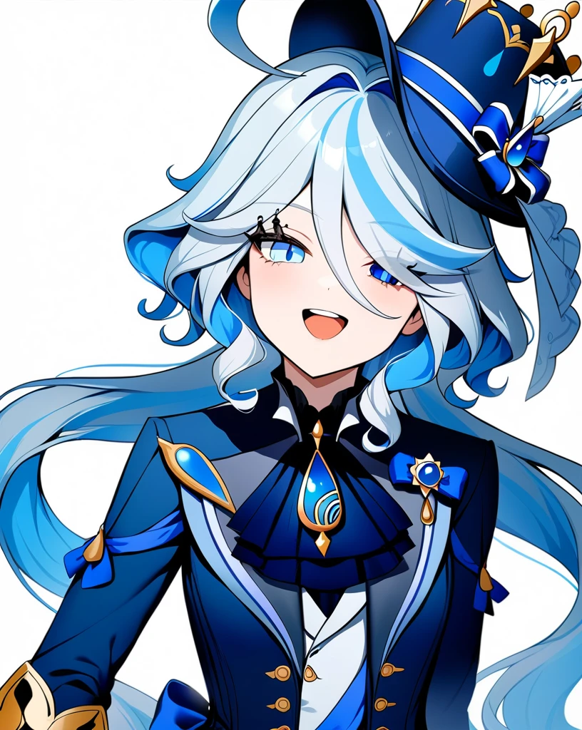 masterpiece,Highest quality,One girl, Furina \(Genshin Impact\), Genshin Impact, Whorl, Top Hat, Blue jacket, Blue Ascot, Blue Brooch, Coda, Simple Background, Open your mouth, Blue hat, Striped Hair, Upper teeth only, alone, Long Hair, Light blue hair, White Background, smile, Gray Hair, Ahoge, The gloves don't fit, White gloves, Long sleeve, Hair between the eyes, Blue Gem,