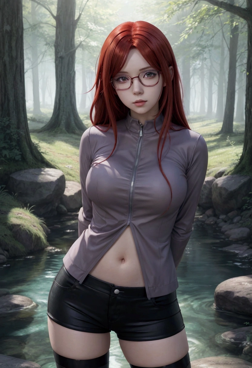 anime girl with red hair and glasses posing in front of a stream, seductive anime girl, realistic anime artstyle, with glasses, detailed anime character art, realistic anime art style, erza scarlet as a real person, as an anime character, semirealistic anime style, anime lush john 8k woods, casual pose, detailed digital anime art, realistic young anime girl