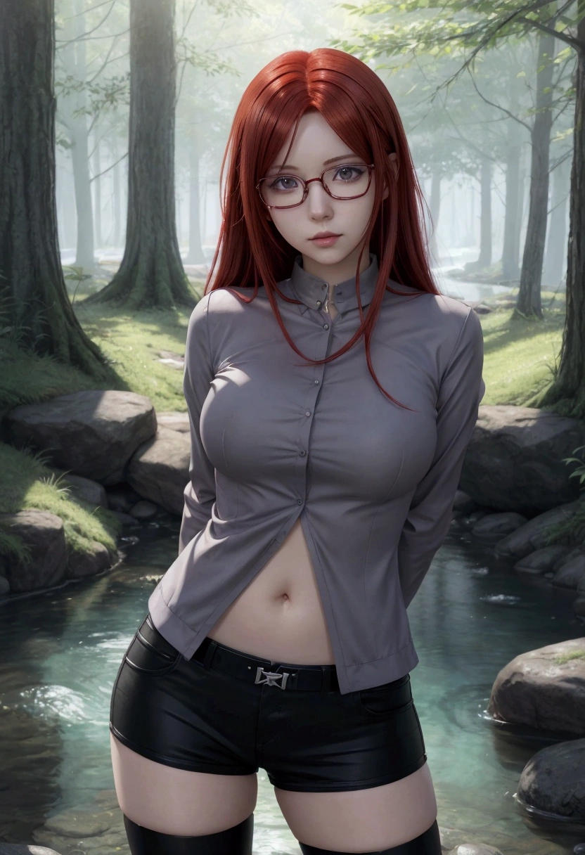 anime girl with red hair and glasses posing in front of a stream, seductive anime girl, realistic anime artstyle, with glasses, detailed anime character art, realistic anime art style, erza scarlet as a real person, as an anime character, semirealistic anime style, anime lush john 8k woods, casual pose, detailed digital anime art, realistic young anime girl