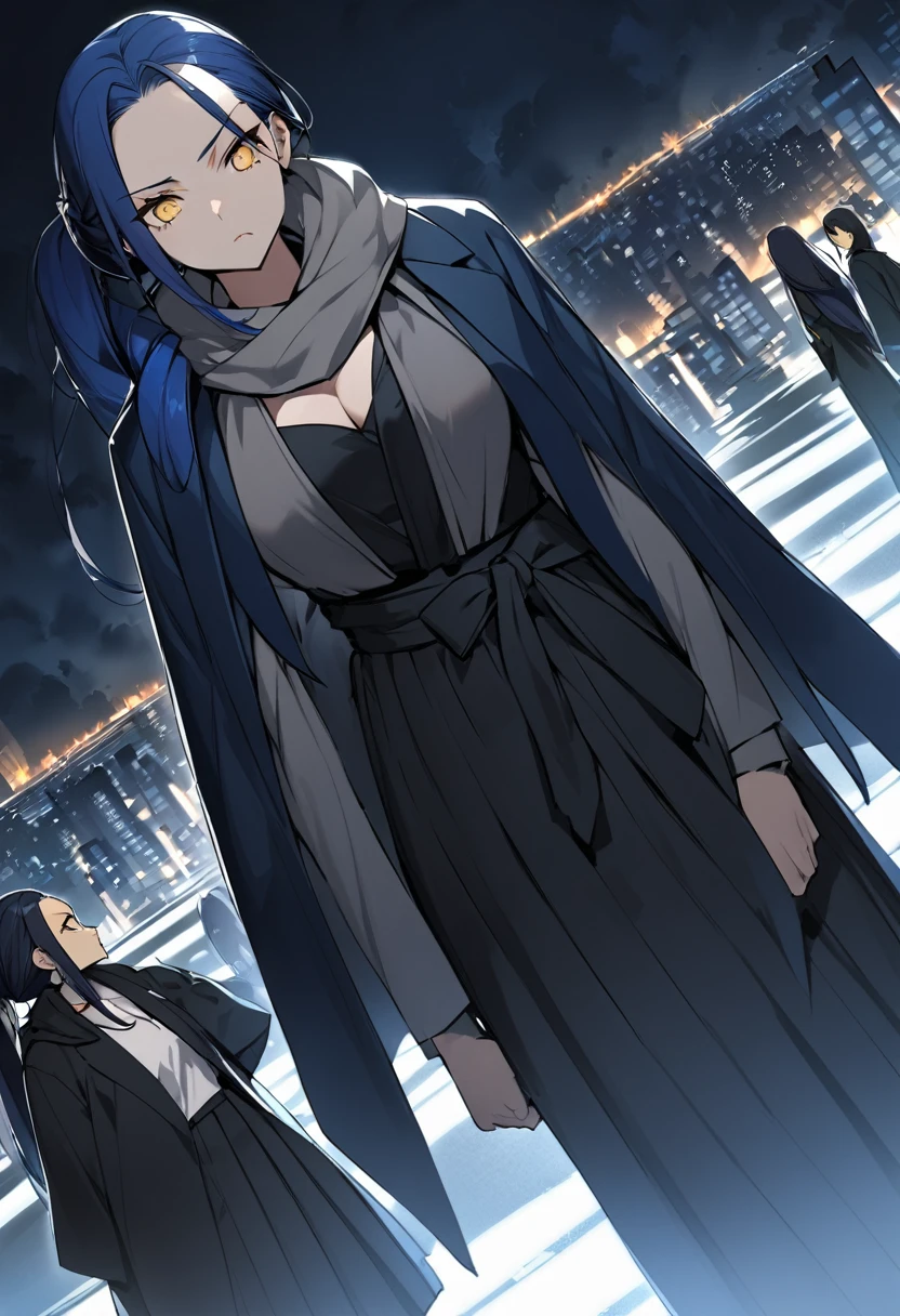 (One very tall woman,Navy Blue Hair,Her hairstyle is twin tails that expose her forehead.,yellow eyes,Medium Bust, Dynamic Angle,Bloody)Black haori,Black Hakama,Wear a grey scarf around your neck,The background is a night city,Intimidation,