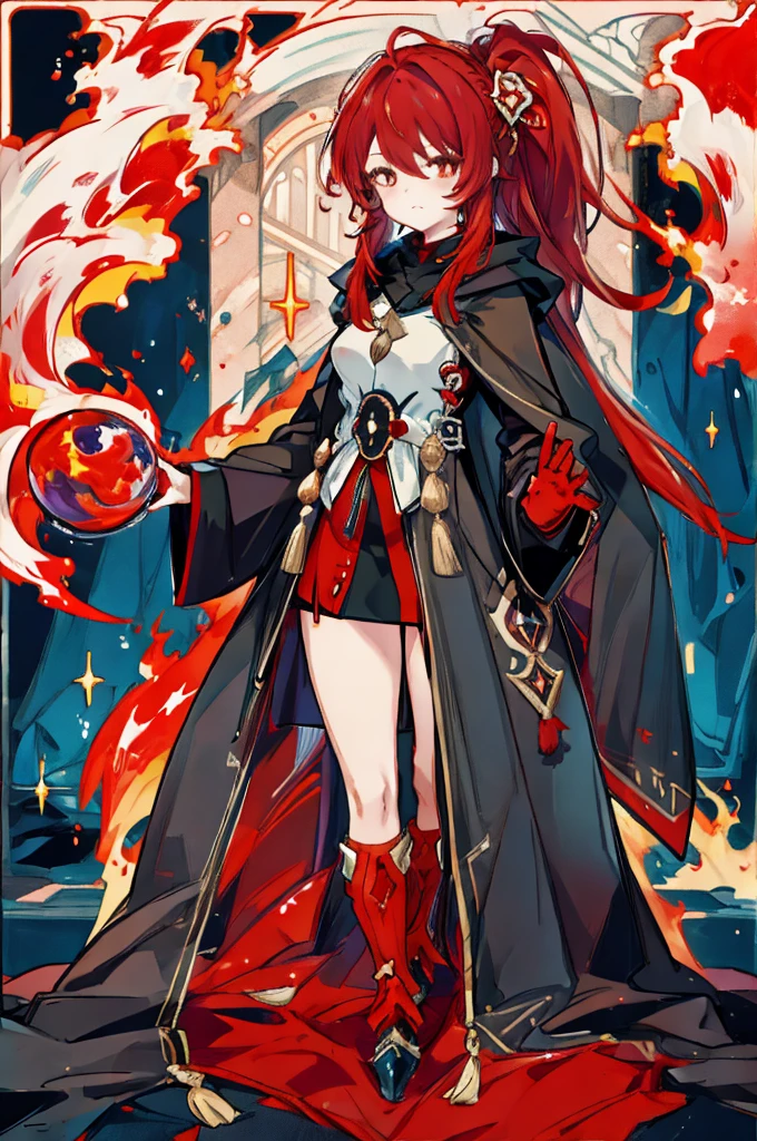 Mature Woman、Fantasy、adult、Red Haired Female Knight、Fire User、Long Ponytail、Cloak wearing