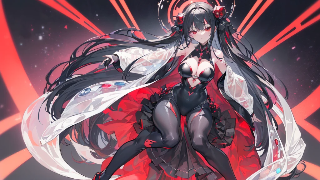 (Exquisite eyes),(Clear and beautiful eyes:1.61),masterpiece, 1 young girl,(Black clothes and some red gems), Black long hair, (She has a huge red gem on her chest), Good Hand,((The Havoc of StarCraft)),full-body shot,Fighting Stance,(Red Eyes:1.466)，short and small,(Very big breasts:1.35),(Pretty Face),(full-body shot:1.33),Beautiful hands