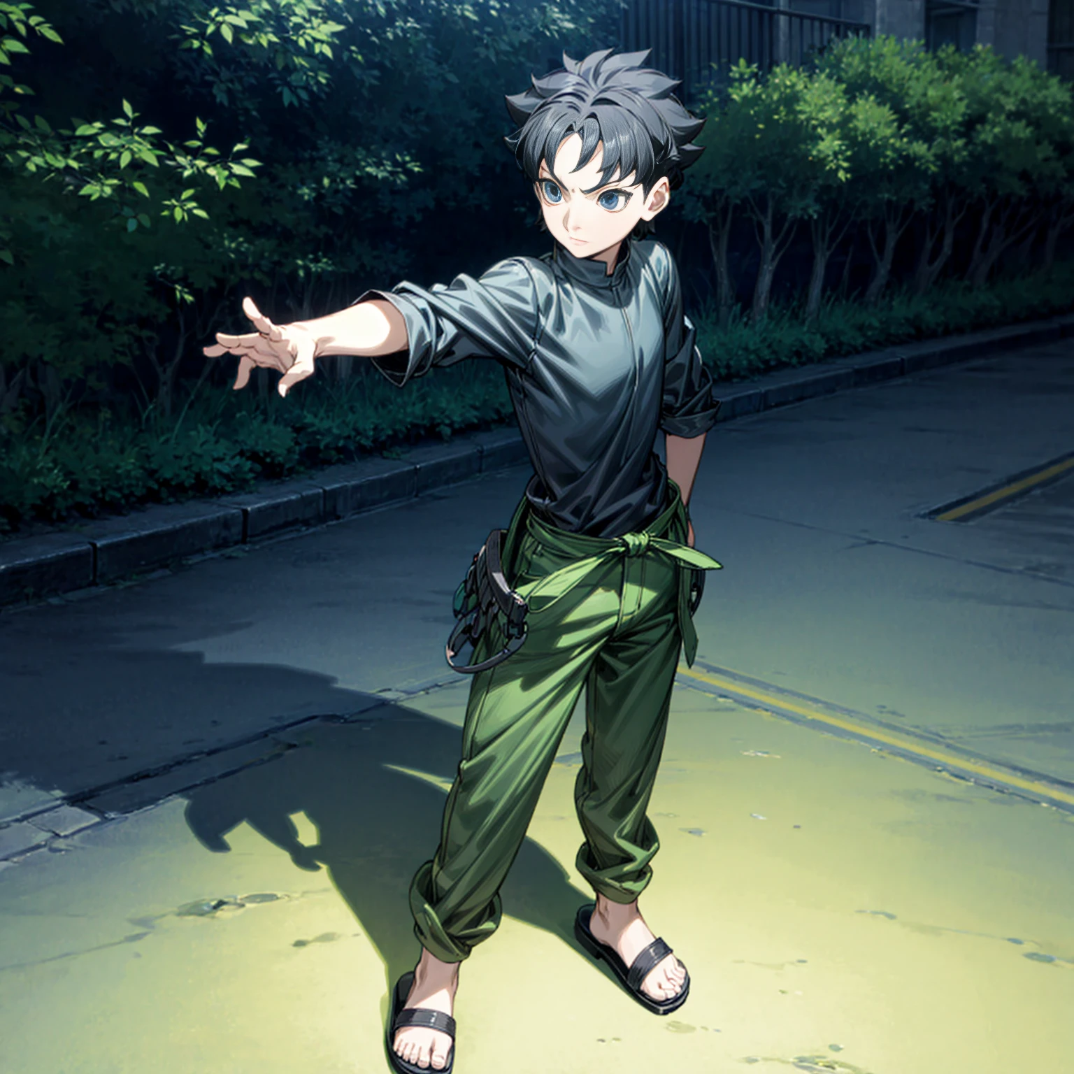 1children boy, Full body version, 1character, blue eyes, short haircut, black color hair, casual style outfit, sandals, Grassroots, background in city street, motion blur, (Hunter x Hunter style art), standing gesture, poor boy