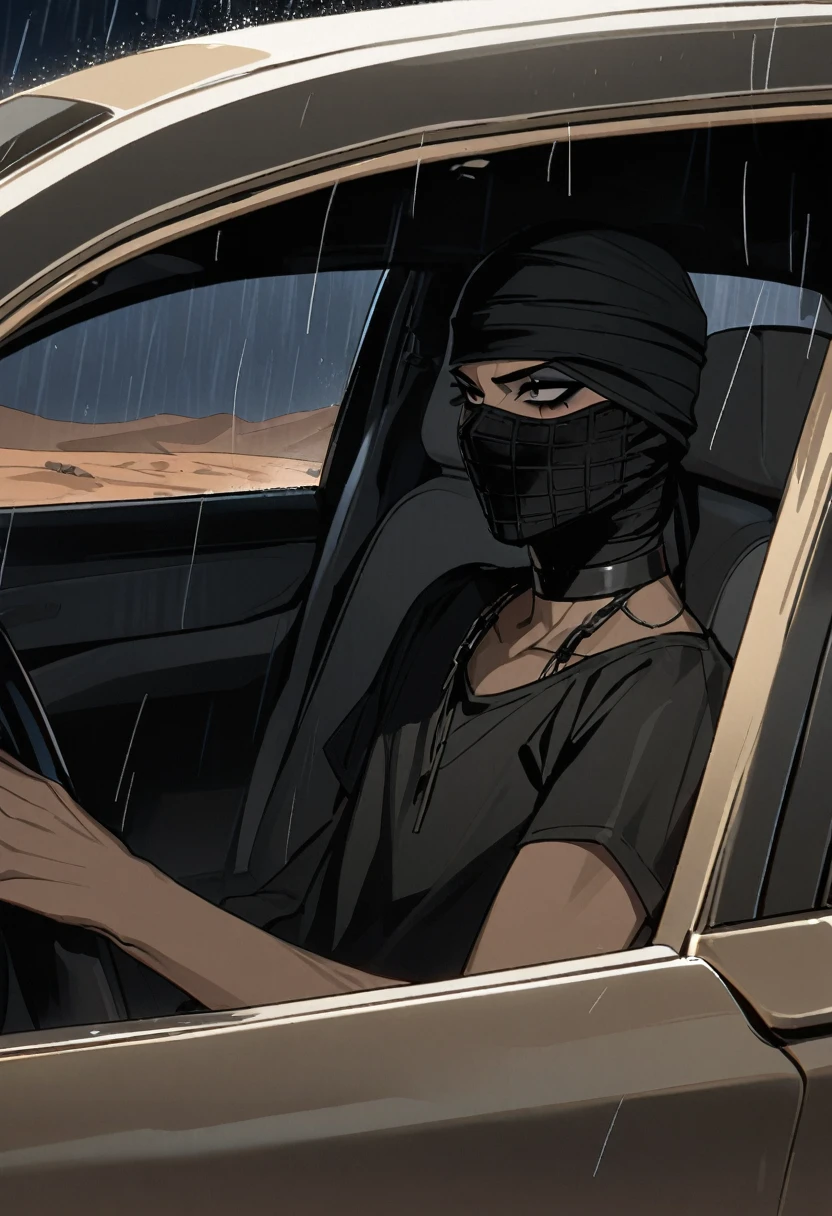 Male arab modern terrorist, terrorist, black balaclava, black bandage, black clothes, thin waist, skinny body, femboy, light skin, makeup, black eyeliner, big eyelashes, black eyeshadow, choker, inside the car, desert, night, rain