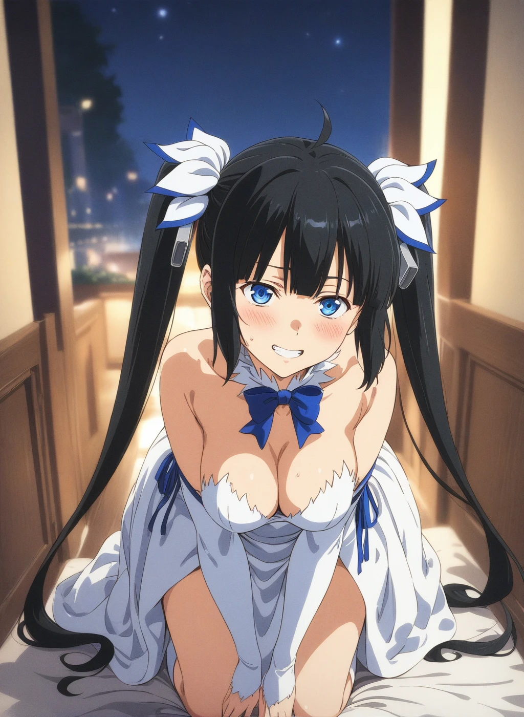 best quality, amazing quality, very aesthetic, absurdres, (1girl, hestia (danmachi),hestia \(danmachi\),long hair,blue ribbon,twintails),(wedding dress:1.8), (night, veil, thigh, arms between legs:1.3), drunk, (cowboy shot), (), (half closed eyes:0.9), (from above0.7), (all fours:1.4), (blush,grin), expressive eyes, perfect face, 4k, extremely detailed anime illustration, extremely detailed eyes, perfect anatomy, light rays, extremely delicate body, smooth skin, (room background:1.5), clear eyes, beautiful face, looking at viewer, (anime style:1.7), (cinematic Light:1.5), (highres:2), big breasts,