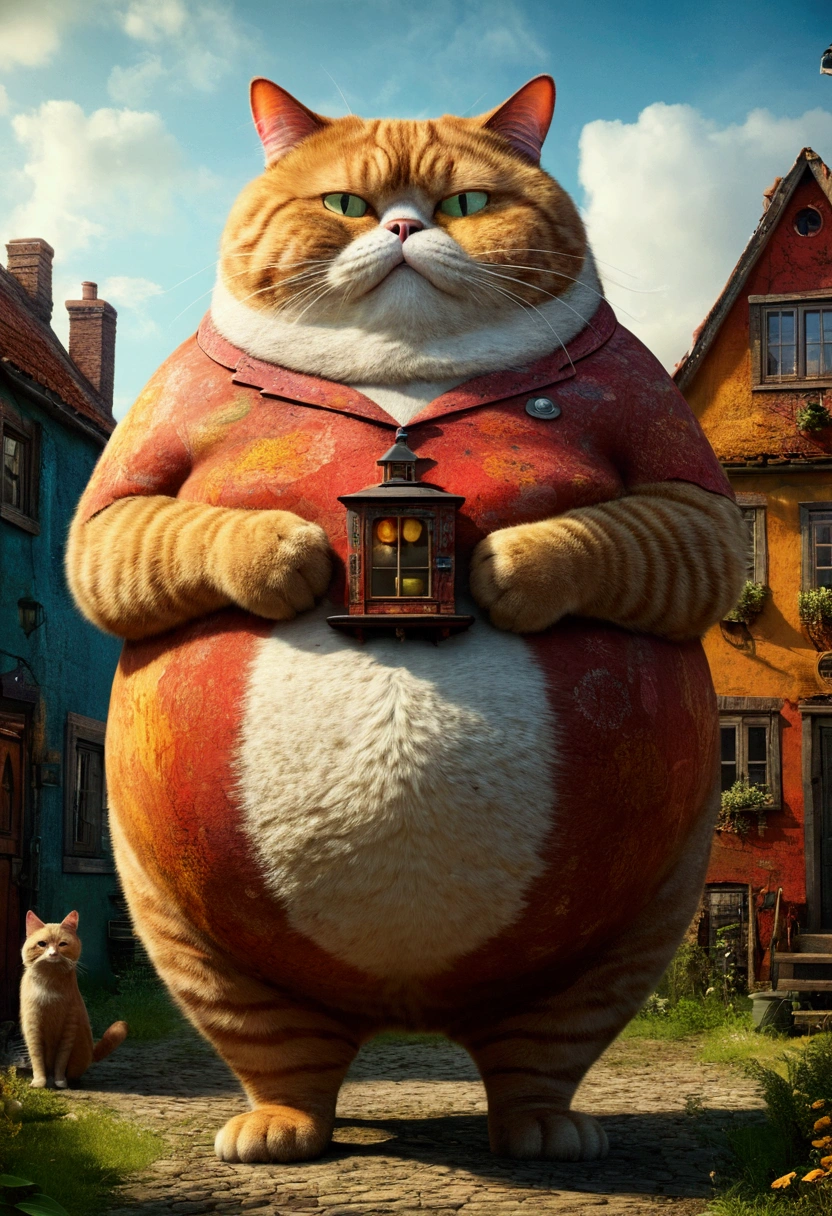 Giant fat Cat, full body, outdoor, by Alexander Jansson, cinematic still, (best quality, masterpiece), very aesthetic, perfect composition, intricate details, ultra-detailed, vivid colors