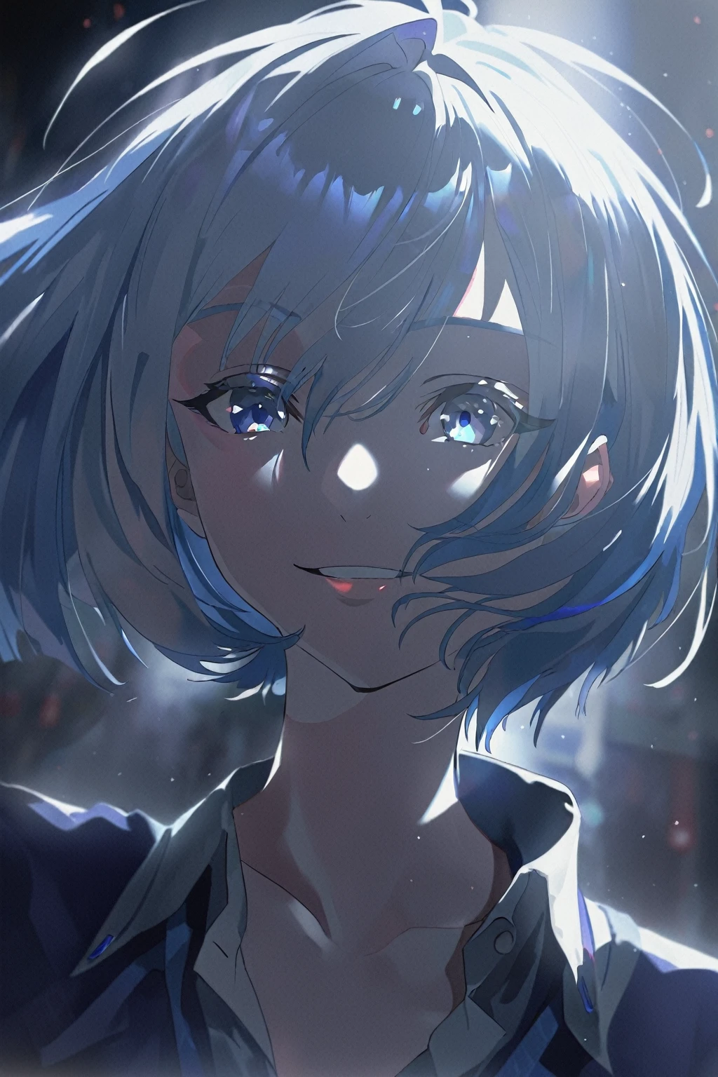 1girl,solo,looking at viewer,smile,short hair,blue eyes,  cinematic lighting and shadow,