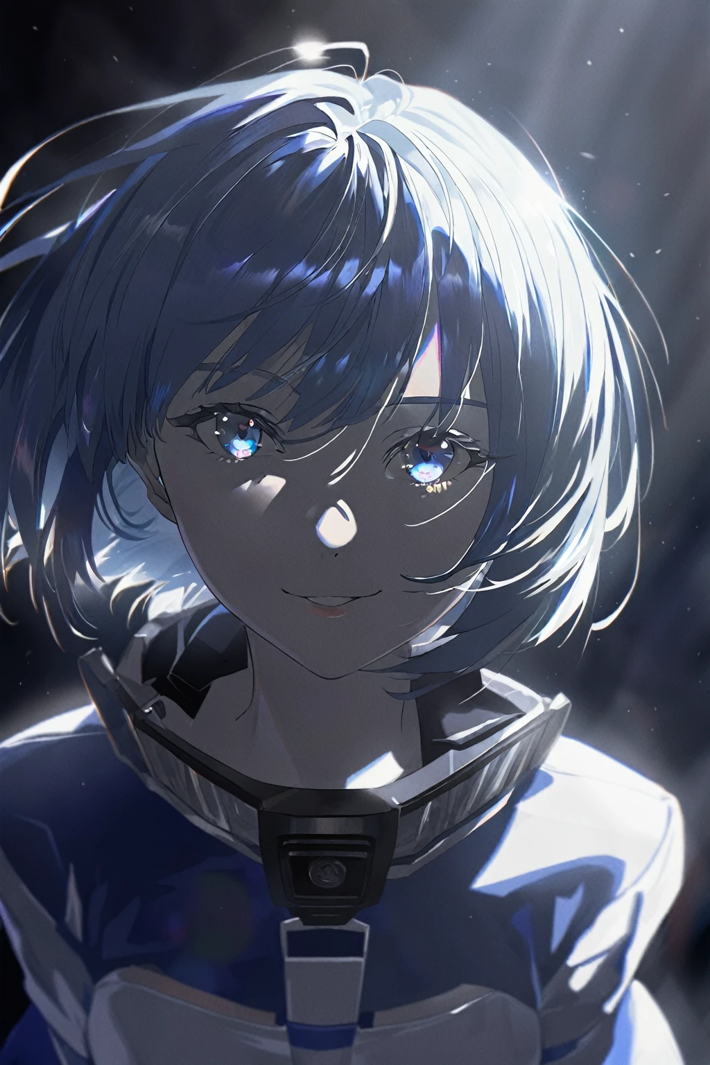 1girl,solo,looking at viewer,smile,short hair,blue eyes,  cinematic lighting and shadow,