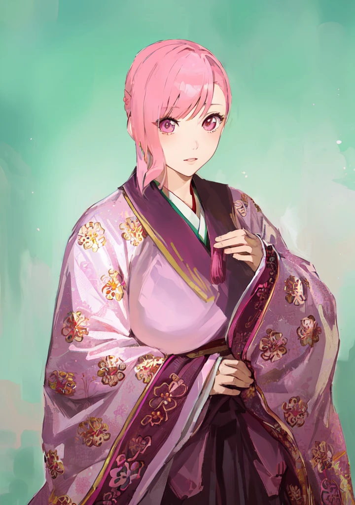 Pink Hair、Anime girl in purple dress，, Sakura Haruno, ((Wearing noble robes)), Goto Indian Summer,Produced in collaboration with Anime Painter Studio, Inspired by Nishikawa Sukenobu, Glorious Makami, inspired by Eizan Kikukawa, Wearing Kimono, Yaoi Haruma, Wearing Kimono，big ，huge ，sex body，Three Kingdoms，Dynasty Warriors，Chinese style，Hanfu，Huge Breasts，Pink Eyes，Pink Hair，A bit sinister look，Cunning girl，fate Miyamoto Musashi