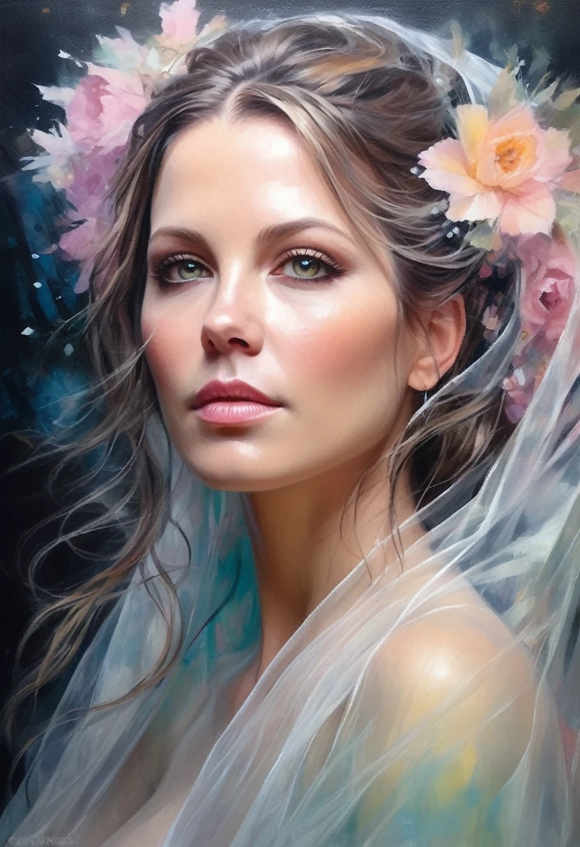 painting of a woman with a veil and flowers in her hair.A hauntingly ethereal portrait in an abstract style of a mysterious female figure ohwxkb, draped in translucent fabric, crystals decorate hair, amidst a fabulous whirlpool of pastel colors and soft light, evoking a feeling of calm serenity and elusive beauty, high detail, An award-winning masterpiece with incredible detail . Unrepresentative, Colors & Shapes, Expressing Feelings, creative, very detailed 