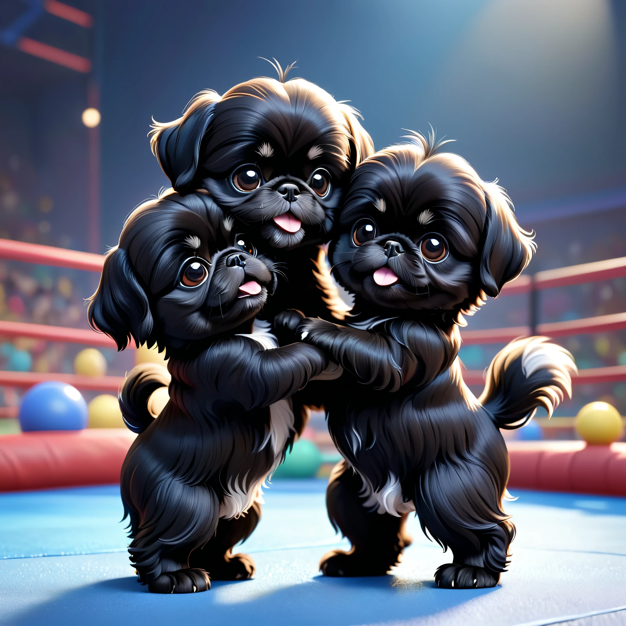 2 Adorable small black Shih Tzu puppies wrestling Disney background 3d cartoon 3d render disney pixar styleundefined, undefined, undefined, undefined, 