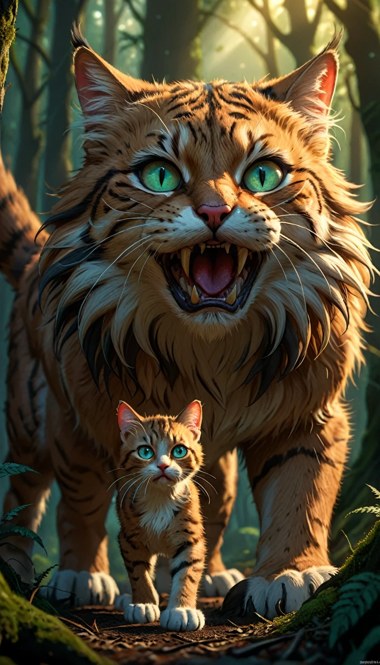 a massive, gigantic cat, extremely detailed, high quality, photorealistic, beautiful detailed eyes, beautiful detailed nose, beautiful detailed mouth, longeyelashes, majestic feline, hunting small human figures, incredibly detailed fur, sharp claws, intense predatory gaze, lush forest background, dramatic lighting, cinematic composition, vivid colors, intricate details