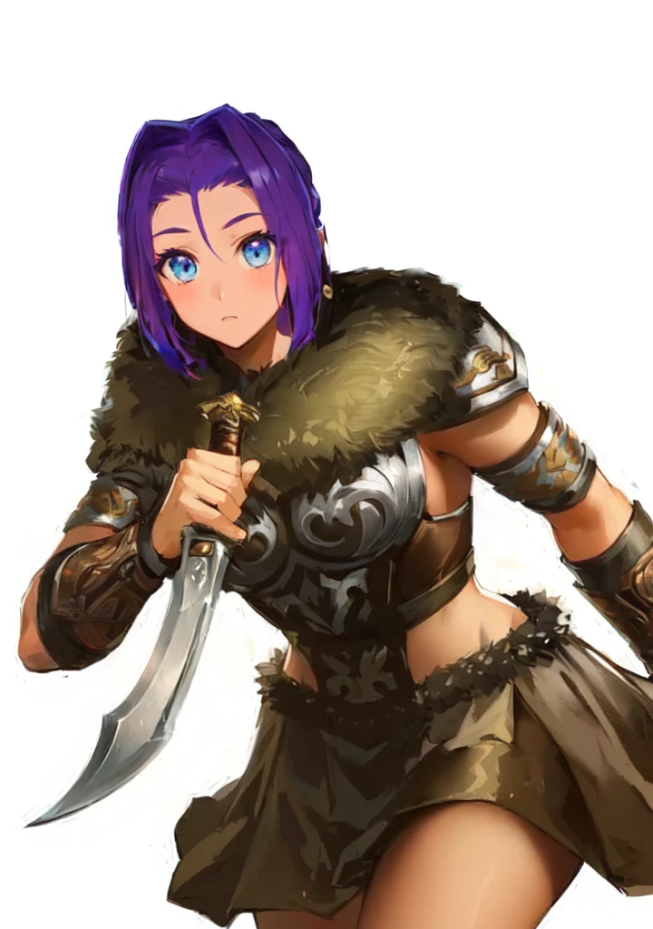 A man in brown clothes、Holding a sword、Purple hair woman, She holds a sword, Natalie in epic battle fantasy, Armor Girl, A very beautiful berserker woman, Wearing dark purple armor, Wearing fur armor, Wearing a shining breastplate, wearing intricate fur armor, female barbarian, Northern adult female warrior, Savage Female Portrait,Blue Eyes,Three Kingdoms,Dynasty Warriors,big ,sex body,Brown skin,cute,,Petite girl