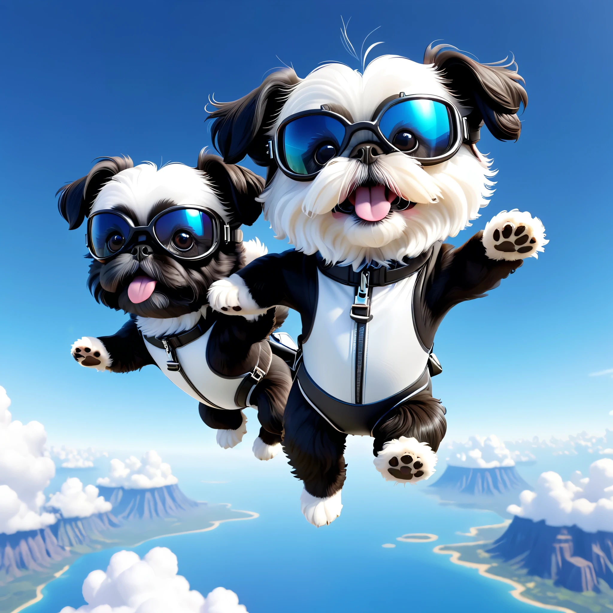 2 Adorable small black Shih Tzu puppies wearing white goggles skydiving 3d cartoon 3d render disney pixar style