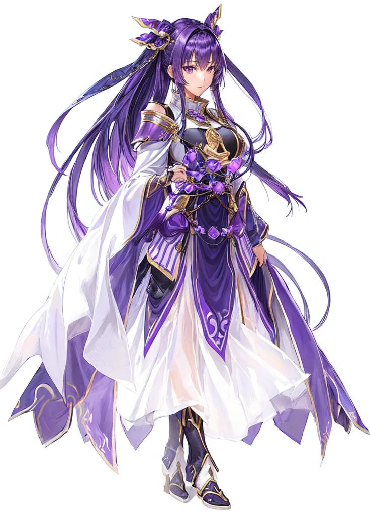 female warrior, sexy, attractive body, pretty face, female priestess knight, wear priestess clothes, purple hair, purple eyes,