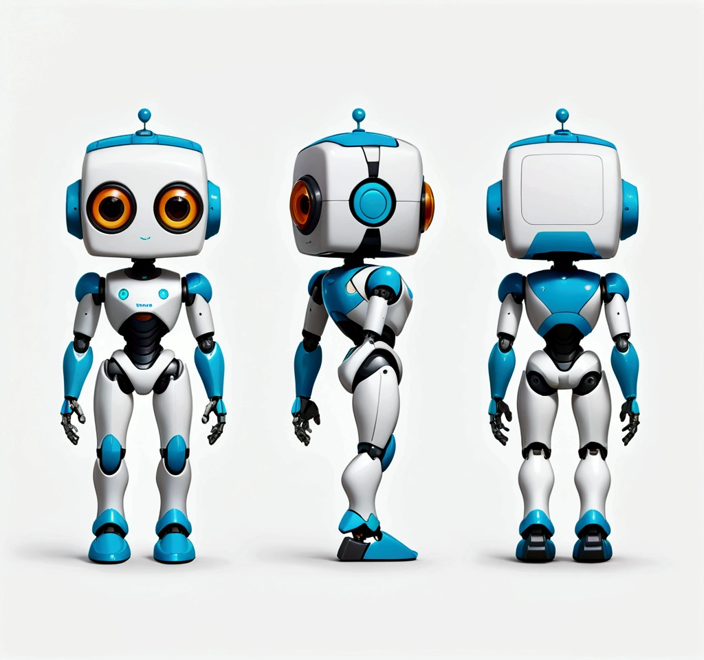 small tender robot like wally-e , short legs, reactangular rectangular head with eyes (front, side, back views of the same character) , white background