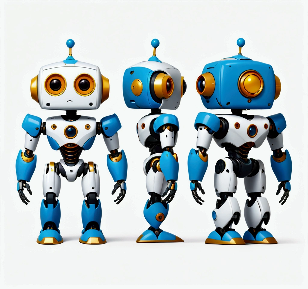 small tender robot like wally-e , short legs, reactangular rectangular head with eyes (front, side, back views of the same character) , white background