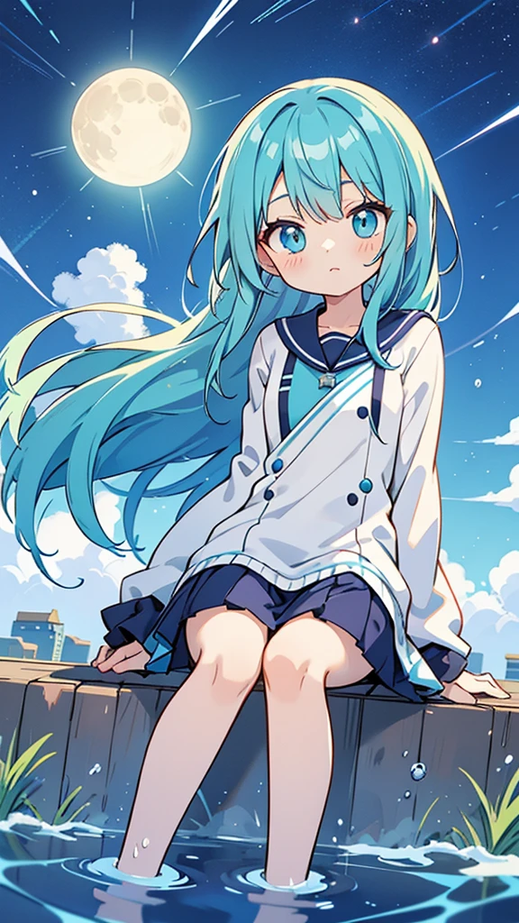 Blue-haired long hair,Design clothing,Seven-doppelganger shot,Anime style 4K,Anime girl with teal hair,High quality anime art style,Standing painting,Splash ink background,Blue Themes、Pure white background,Buildings,Face close-up,Buildings,Moon and sun、Shining Star々,milky way,Bright Sky,Looking at me,Facing forward,Clear eyes and nose,cute,beautiful,Thin legs,sitting by the water
