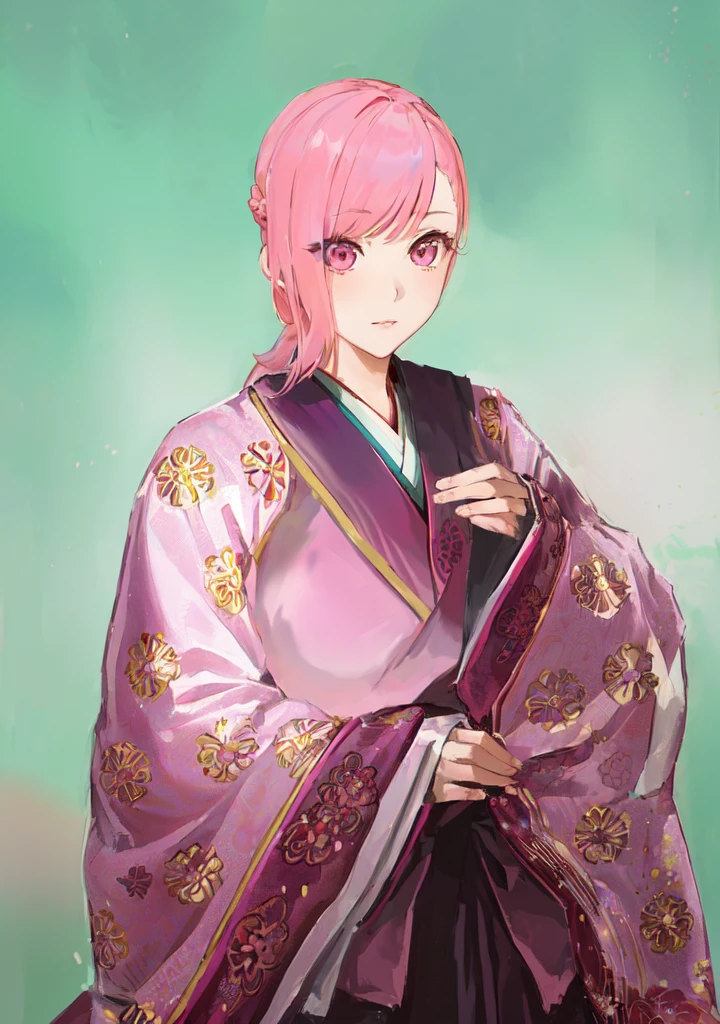 Pink Hair、Anime girl in purple dress，, Sakura Haruno, ((Wearing noble robes)), Goto Indian Summer,Produced in collaboration with Anime Painter Studio, Inspired by Nishikawa Sukenobu, Glorious Makami, inspired by Eizan Kikukawa, Wearing Kimono, Yaoi Haruma, Wearing Kimono，big ，huge ，sex body，Three Kingdoms，Dynasty Warriors，Chinese style，Hanfu，Huge Breasts，Pink Eyes，Pink Hair，A bit sinister look，Cunning girl，fate Miyamoto Musashi