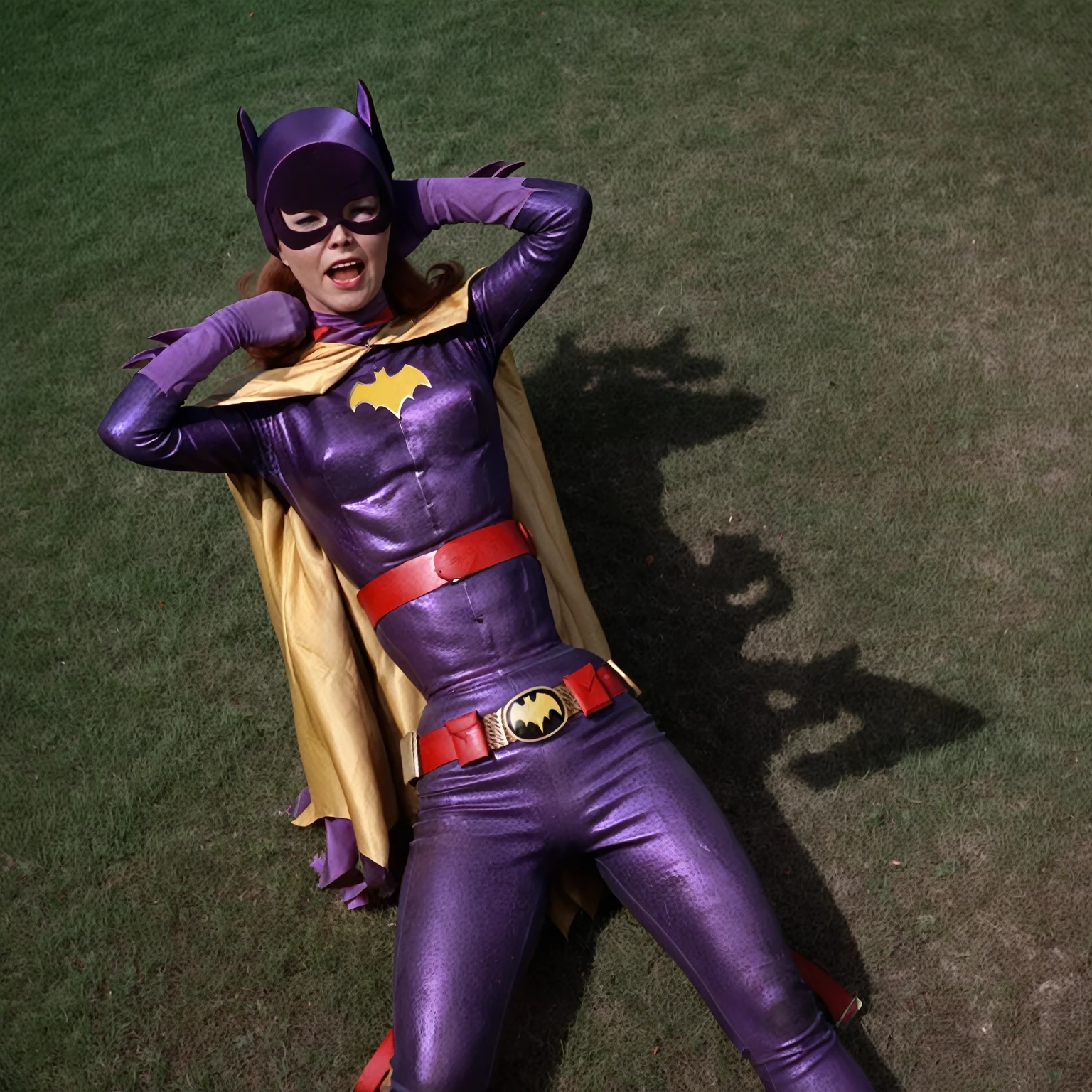 yvonne craig woman,  her waist is squeezed by a red belt which contracts and squeeze her body, she cant move while her waist is squeezed by the red bely, she is standing in pain with her shoulders shrugged, screaming, she is in pain, we see her injures, 60's style, analog film, on grass, film grain