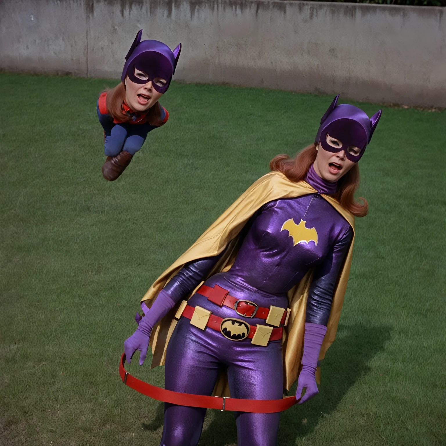 yvonne craig woman, her waist is squeezed by a red belt which contracts and squeeze her body, she cant move while her waist is squeezed by the red bely, she is standing in pain with her shoulders shrugged, screaming, she is in pain, we see her injures, 60's style, analog film, on grass, film grain