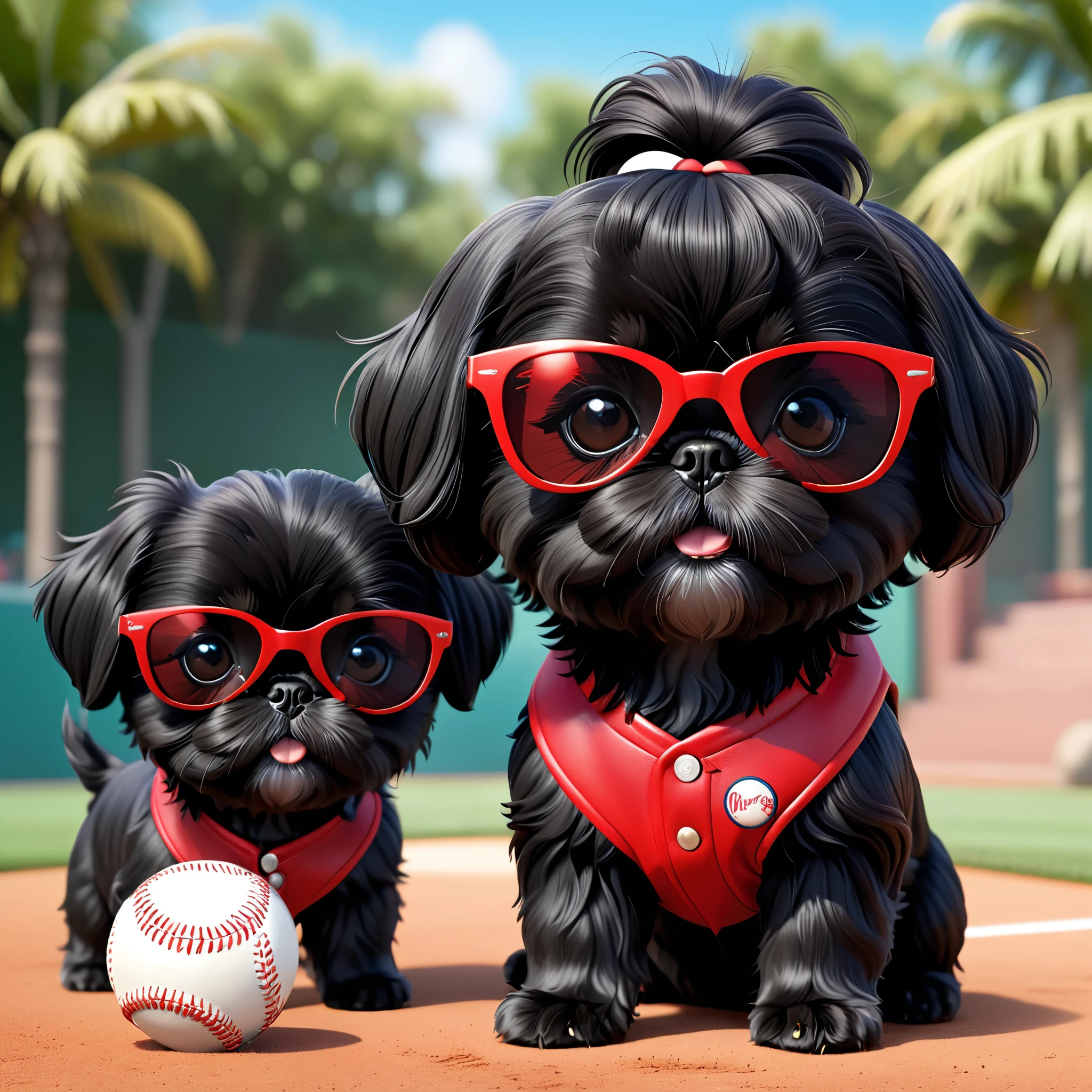 2 Adorable small black Shih Tzu puppies red sunglasses baseball 3d cartoon 3d render disney pixar style