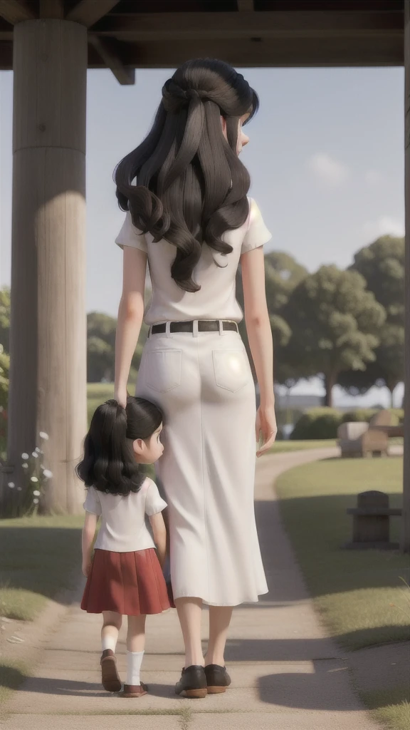 back view, 1 girl and her mother going for a walk, english girl, 12 years old, arms back, 3/4 shot, long black hair, white clothes, English mother, looking 35 years old, long black hair, white shirt, red skirt