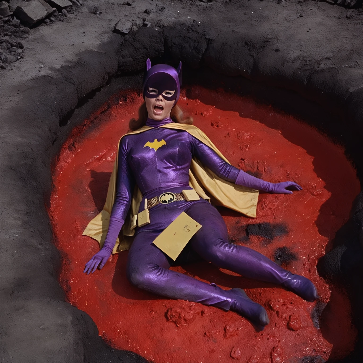 yvonne craig woman, sinking in a lava pit. She screams, she looks for help, but half of her body is already burning in the red lava, smoke, she is in pain, , 60's style, analog film, film grain