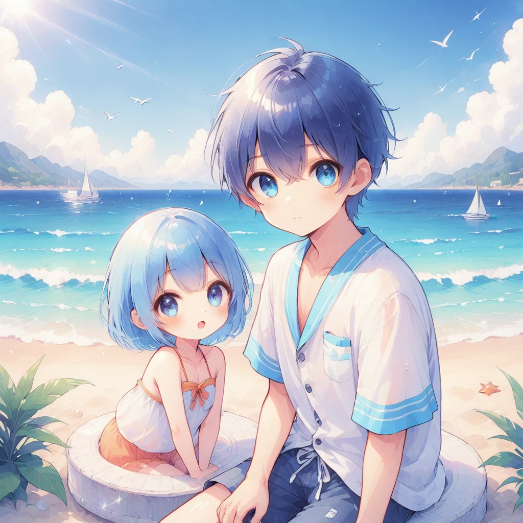 Navy Blue Hair,Dark blue eyes,summer,mash,boy