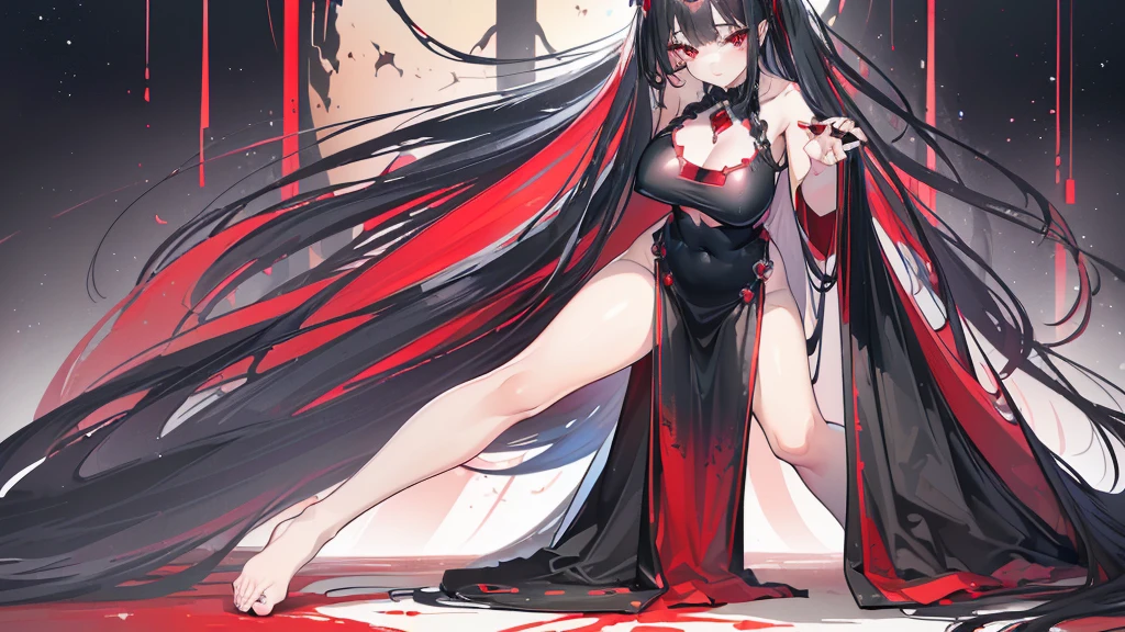 (Exquisite eyes),(Clear and beautiful eyes:1.61),masterpiece, 1 young girl,(Black clothes and some red gems), Black long hair, (She has a huge red gem on her chest), Good Hand,((The Havoc of StarCraft)),full-body shot,Fighting Stance,(Red Eyes:1.466)，short and small,(Very big breasts:1.35),(Pretty Face),(full-body shot:1.33),Beautiful hands