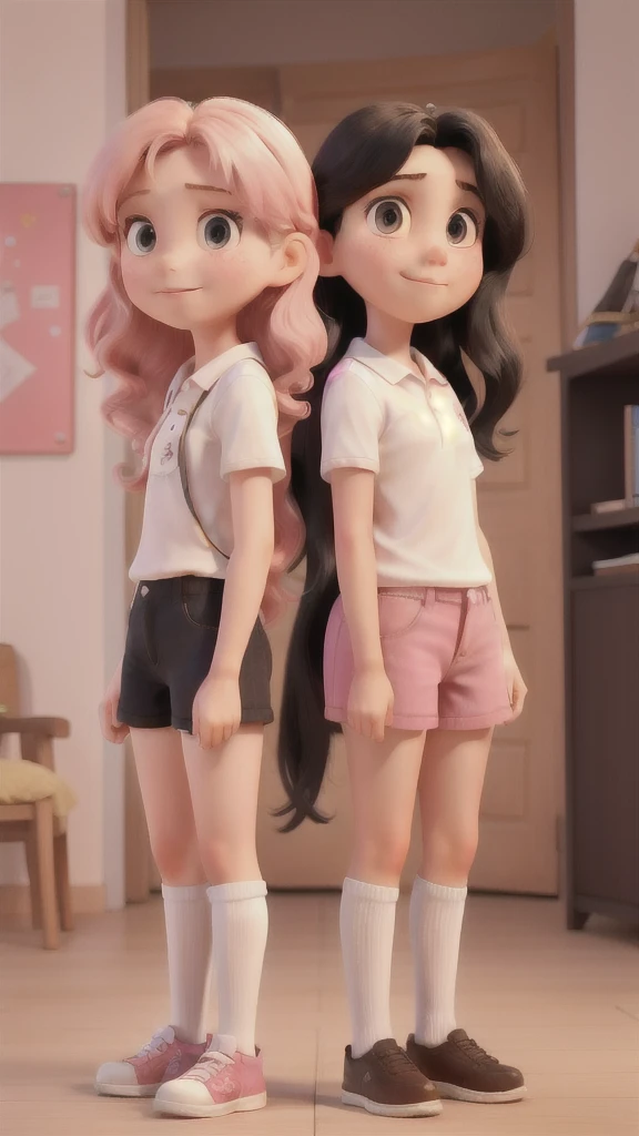 2 girls talking, English, 12 years old, arms back, 3/4 shot, long black hair, white clothes, English, 10 anos de idade, pink clothes, blond short hair, realisitic, best qualityer, instagramart
