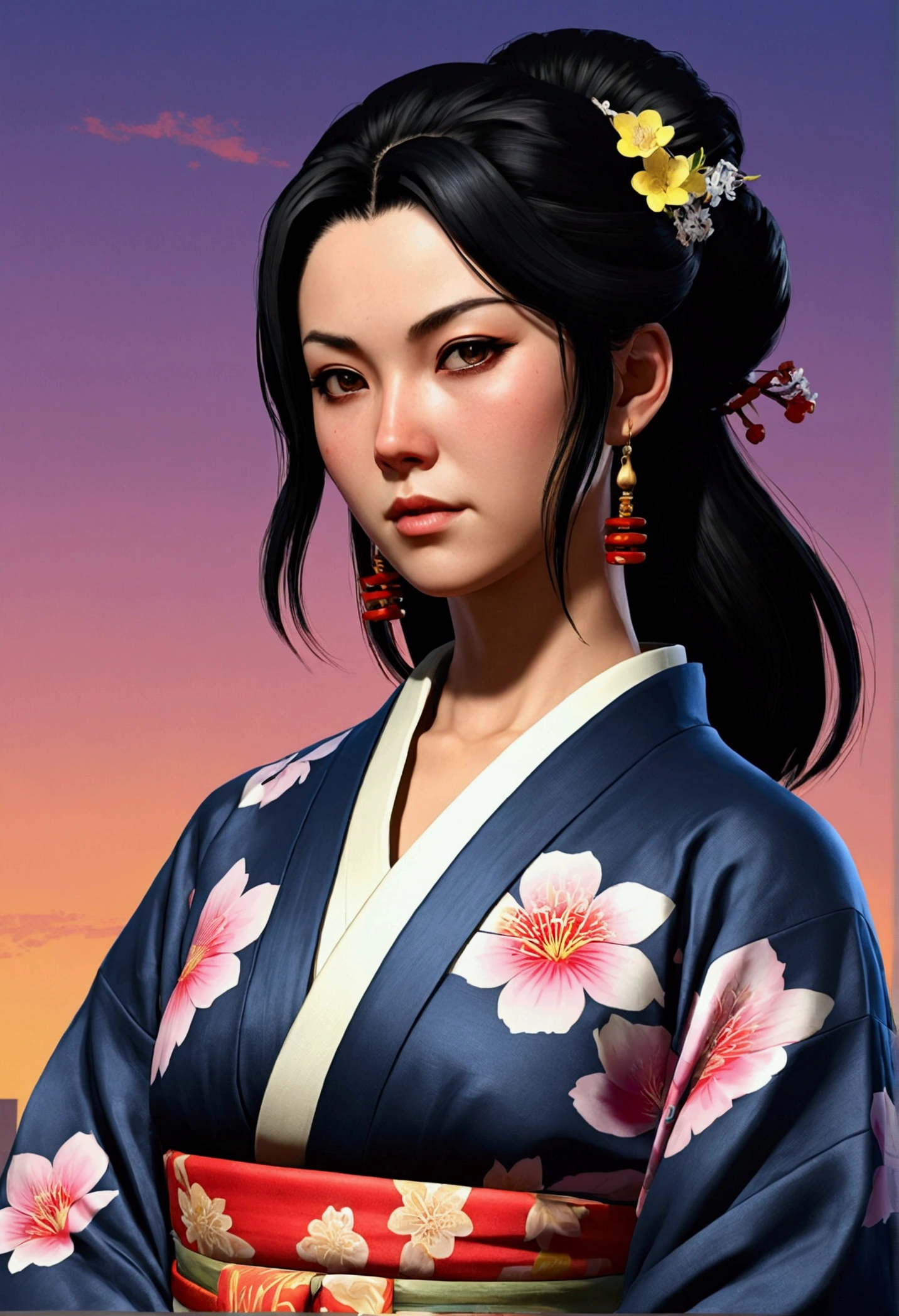 Portrait-style artwork from the Grand Theft Auto series、I will create a beautiful black-haired character wearing a Japanese kimono.。she is a goddess。God