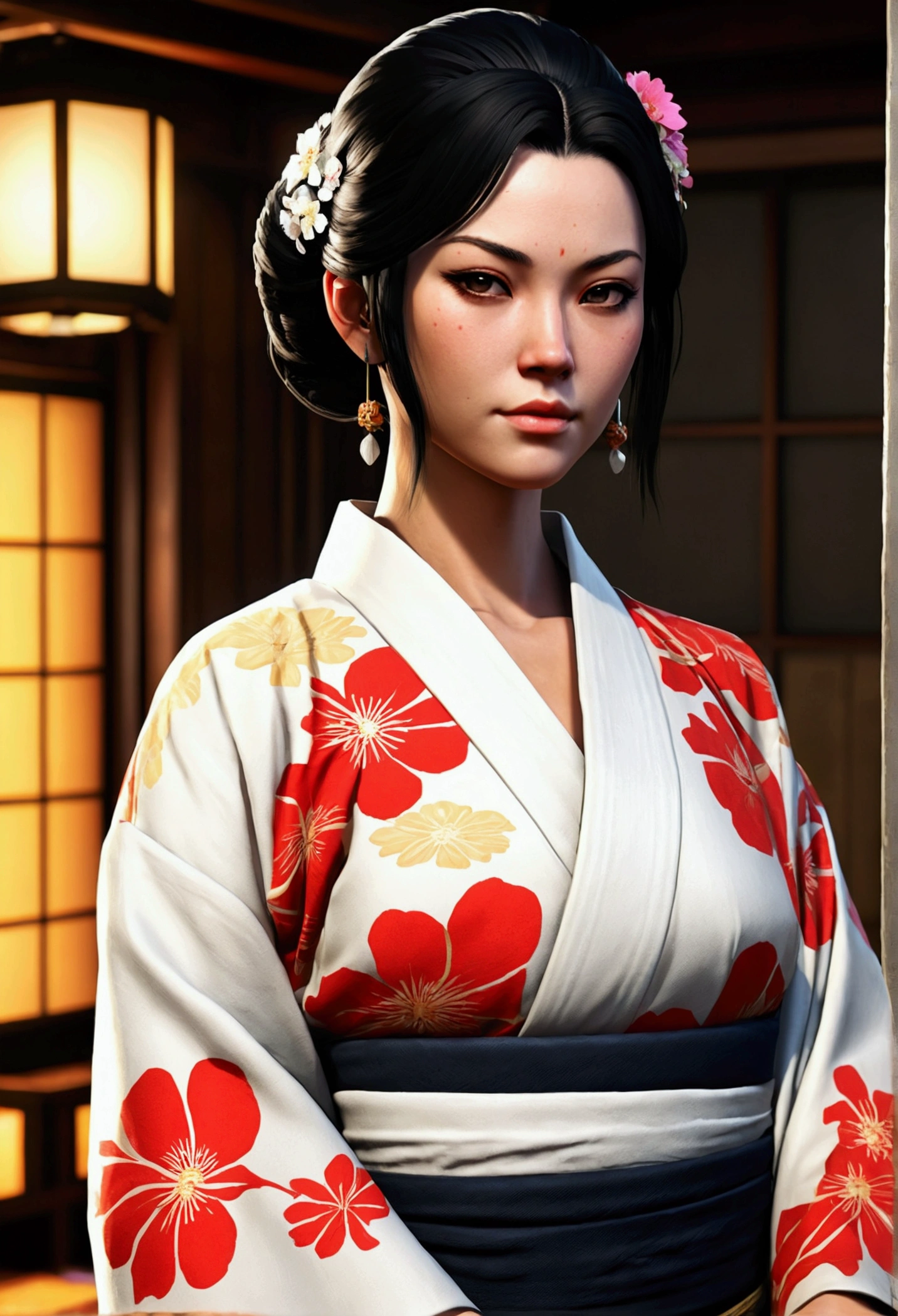 Portrait-style artwork from the Grand Theft Auto series、I will create a beautiful black-haired character wearing a Japanese kimono.。she is a goddess。God