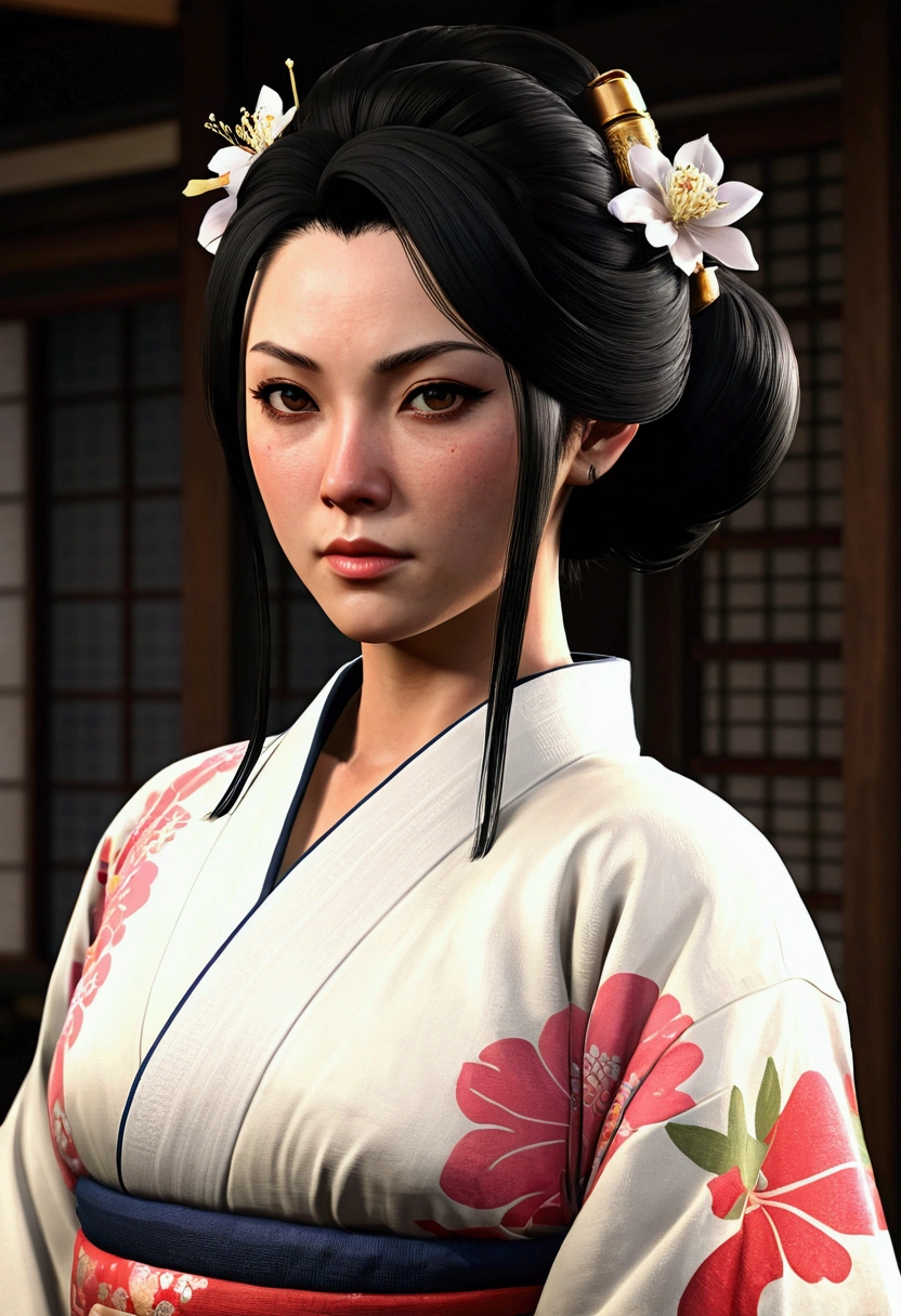 Portrait-style artwork from the Grand Theft Auto series、I will create a beautiful black-haired character wearing a Japanese kimono.。she is a goddess。God