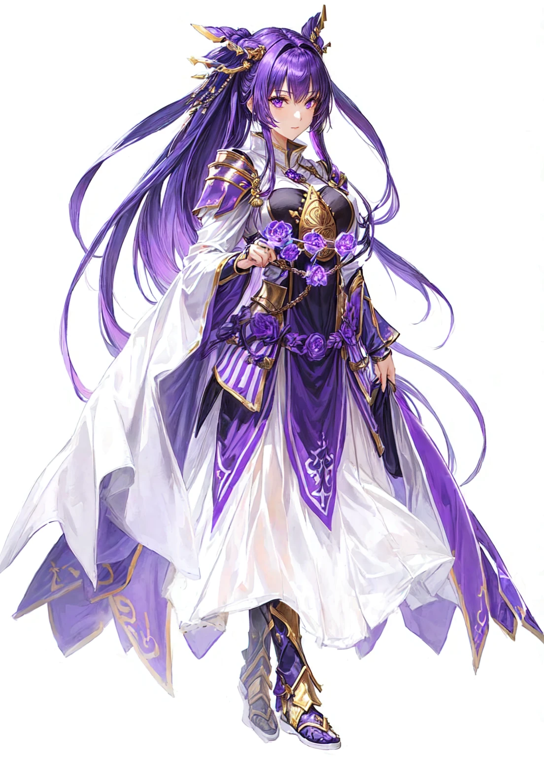 female warrior, sexy, attractive body, pretty face, female priestess knight, wear priestess clothes, purple hair, purple eyes,